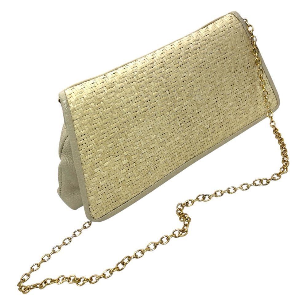 Kemestry Woven Straw Clutch Crossbody Bag Beige Leather Gold Chainlink Purse